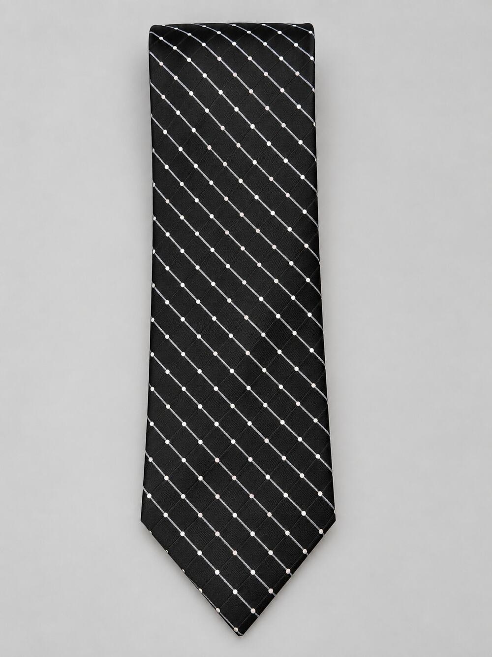 Geoffrey Beene Men’s Black 100% Silk Tie Gray White Dot Stripe Geometric Necktie